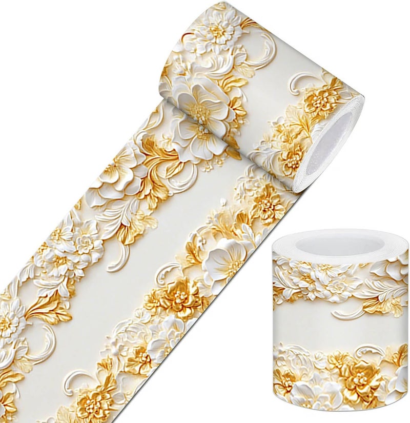 IVN Wallpaper Border Peel and Stick Decorative Wall Trim Self Adhesive Gold Floral Accent Strip for Bathroom Laundry Room Pool Area Mirror Frame Shelf Wall Edge 4x196 Inch Luxurious Design - Image 1